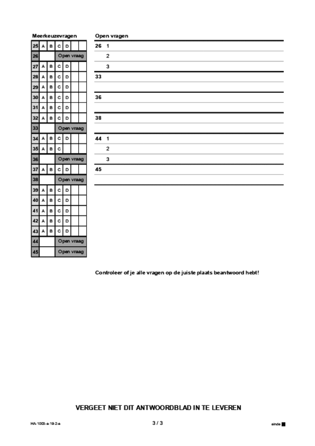 Antwoordblad examen HAVO Frans 2019, tijdvak 2. Pagina 3