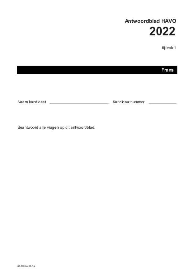 Antwoordblad examen HAVO Frans 2022, tijdvak 1. Pagina 1