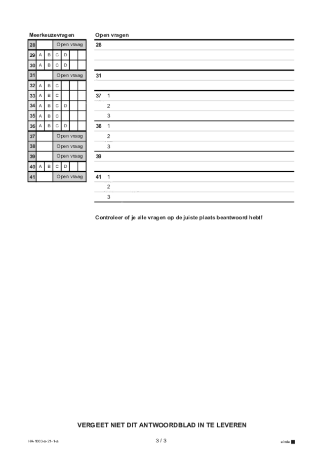 Antwoordblad examen HAVO Frans 2022, tijdvak 1. Pagina 3