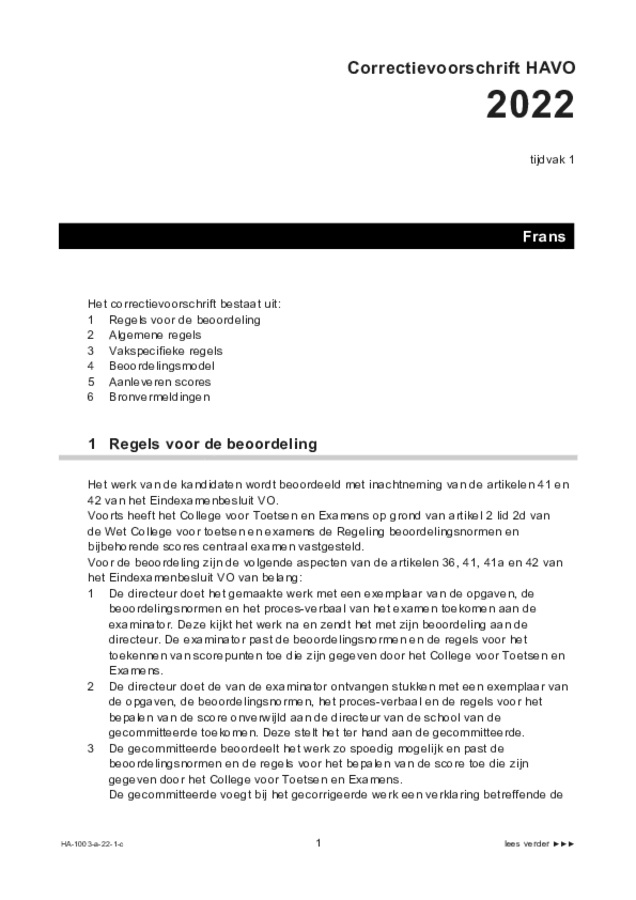 Correctievoorschrift examen HAVO Frans 2022, tijdvak 1. Pagina 1