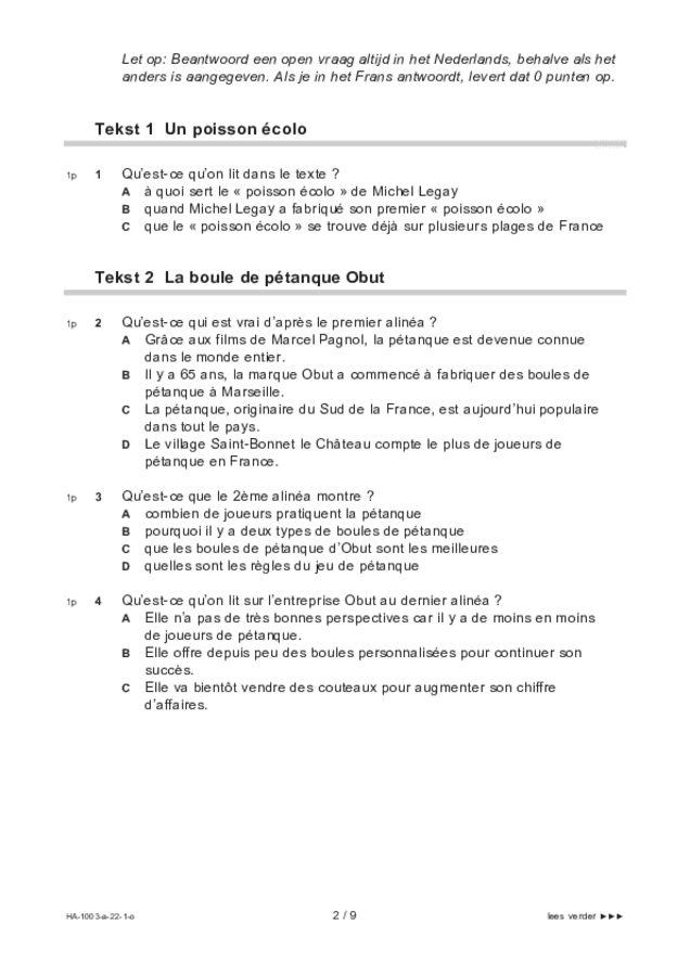 Opgaven examen HAVO Frans 2022, tijdvak 1. Pagina 2
