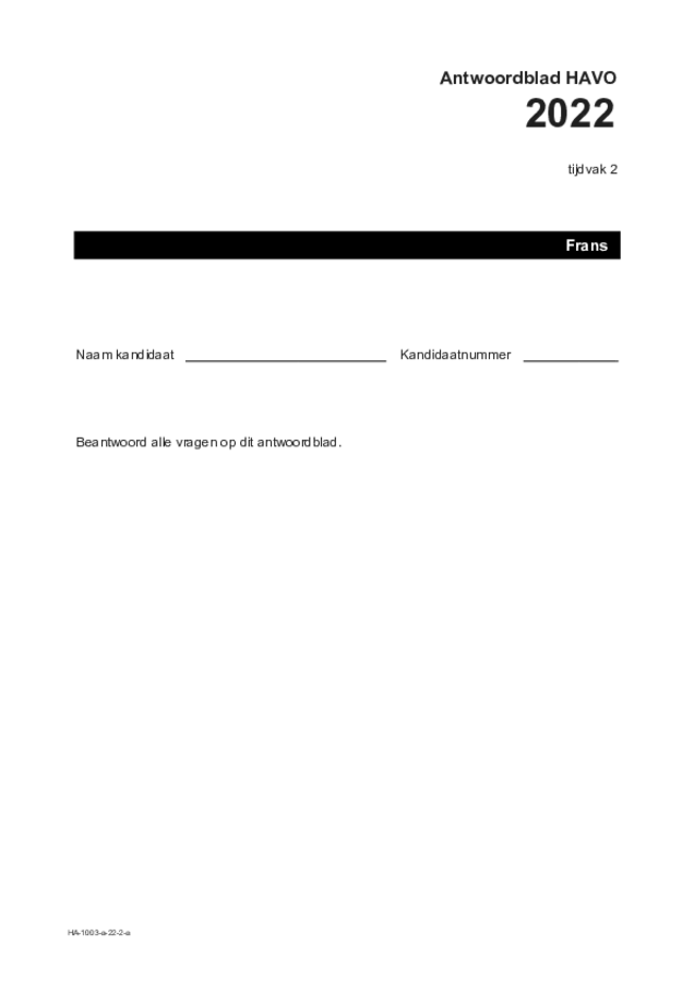 Antwoordblad examen HAVO Frans 2022, tijdvak 2. Pagina 1