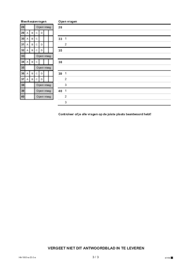 Antwoordblad examen HAVO Frans 2022, tijdvak 2. Pagina 3