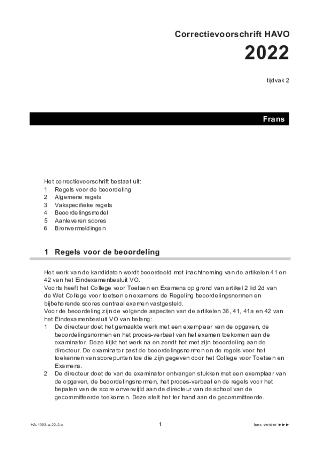 Correctievoorschrift examen HAVO Frans 2022, tijdvak 2. Pagina 1