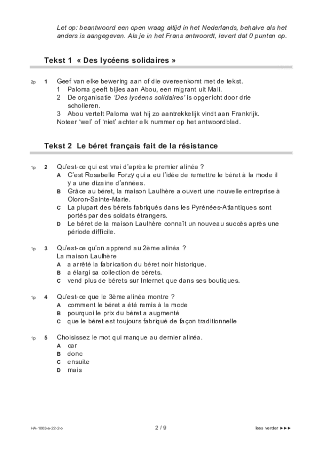 Opgaven examen HAVO Frans 2022, tijdvak 2. Pagina 2