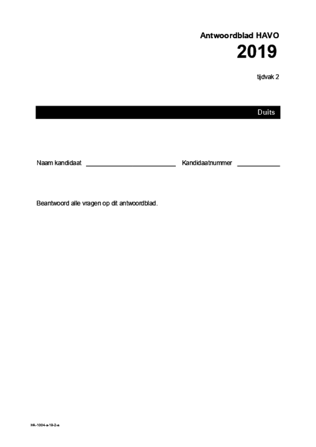 Antwoordblad examen HAVO Duits 2019, tijdvak 2. Pagina 1