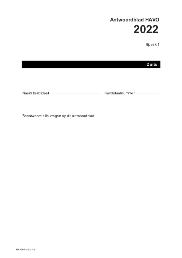 Antwoordblad examen HAVO Duits 2022, tijdvak 1. Pagina 1