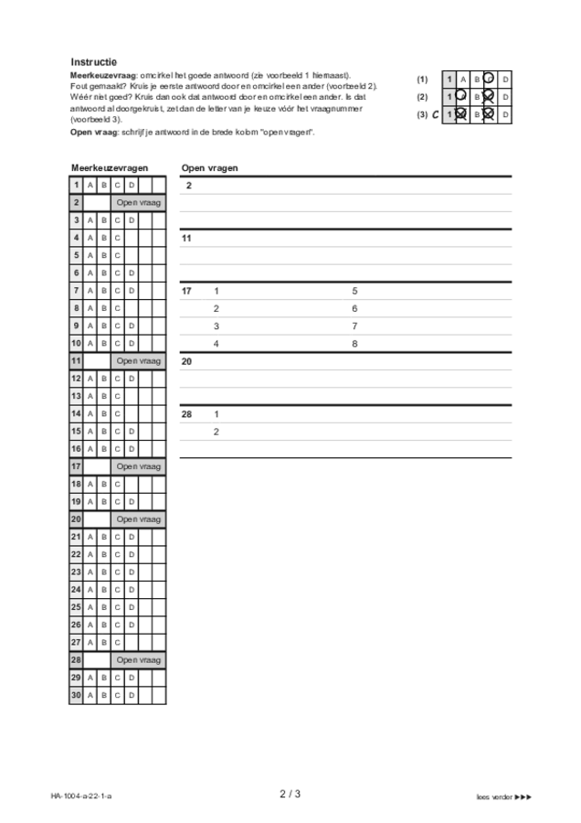 Antwoordblad examen HAVO Duits 2022, tijdvak 1. Pagina 2