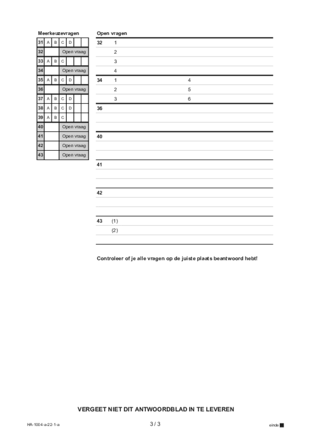 Antwoordblad examen HAVO Duits 2022, tijdvak 1. Pagina 3