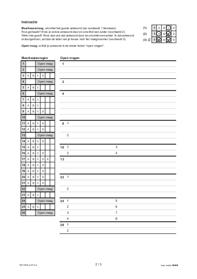 Antwoordblad examen HAVO Duits 2022, tijdvak 2. Pagina 2