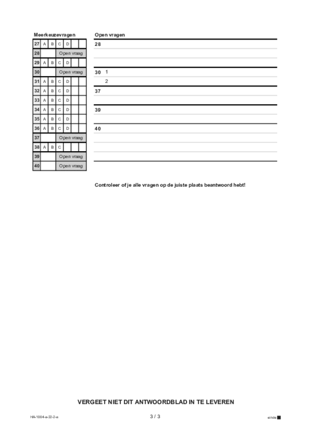 Antwoordblad examen HAVO Duits 2022, tijdvak 2. Pagina 3