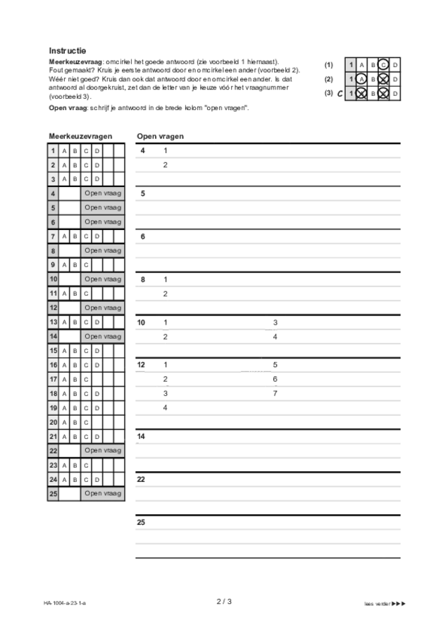 Antwoordblad examen HAVO Duits 2023, tijdvak 1. Pagina 2