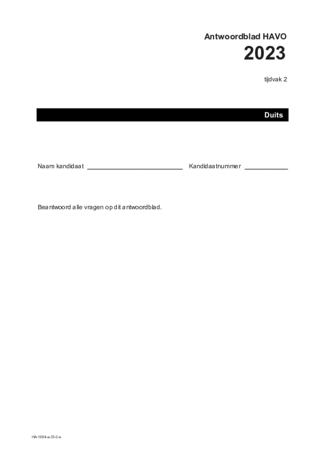 Antwoordblad examen HAVO Duits 2023, tijdvak 2. Pagina 1