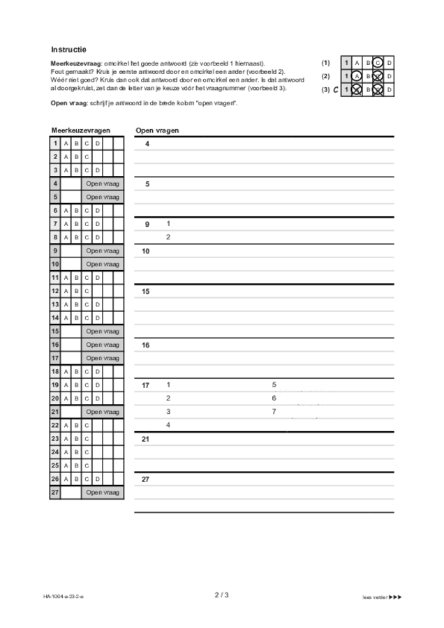 Antwoordblad examen HAVO Duits 2023, tijdvak 2. Pagina 2