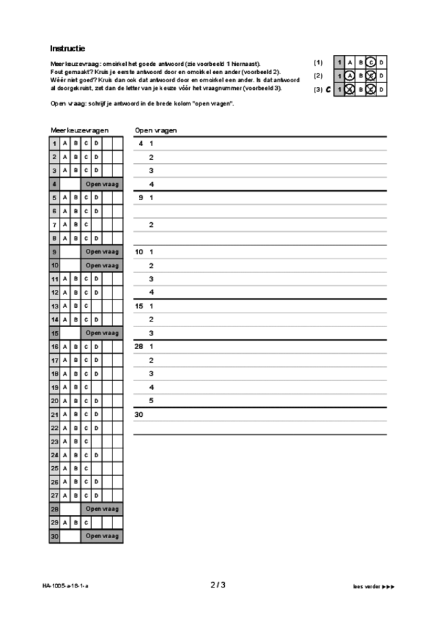Antwoordblad examen HAVO Spaans 2018, tijdvak 1. Pagina 2
