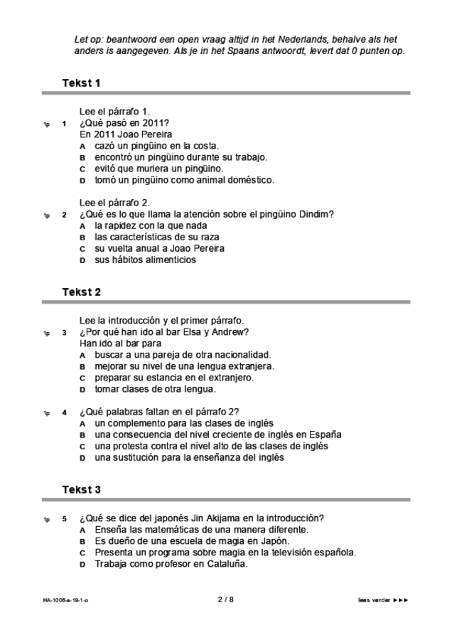 Opgaven examen HAVO Spaans 2019, tijdvak 1. Pagina 2