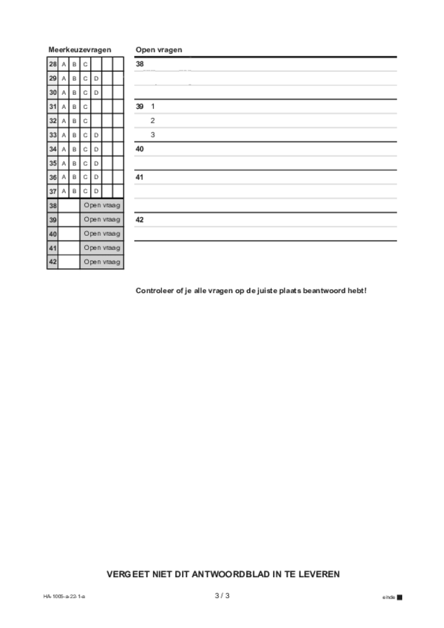 Antwoordblad examen HAVO Spaans 2022, tijdvak 1. Pagina 3