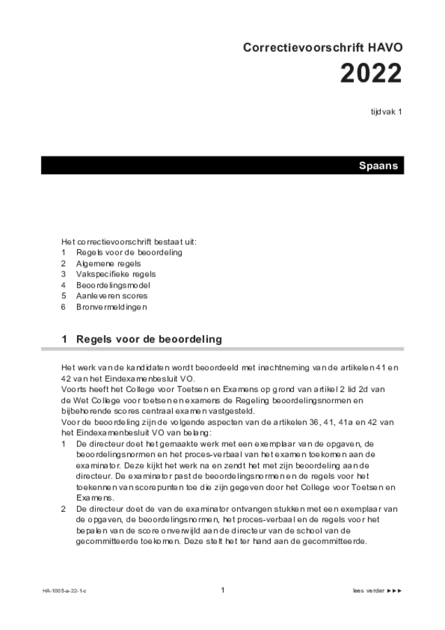 Correctievoorschrift examen HAVO Spaans 2022, tijdvak 1. Pagina 1