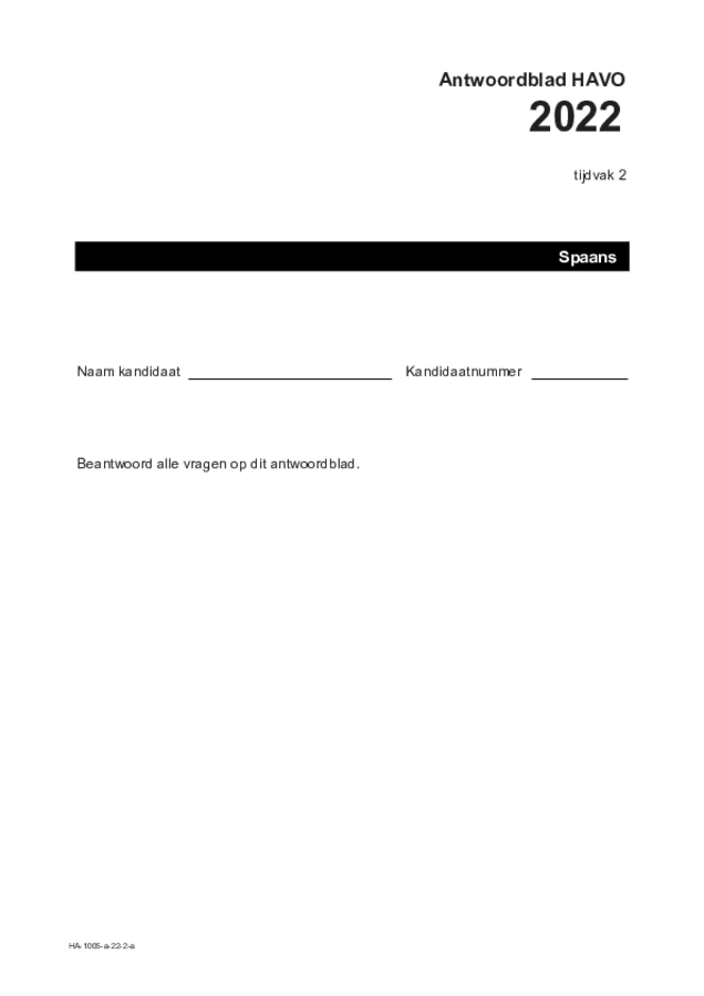 Antwoordblad examen HAVO Spaans 2022, tijdvak 2. Pagina 1