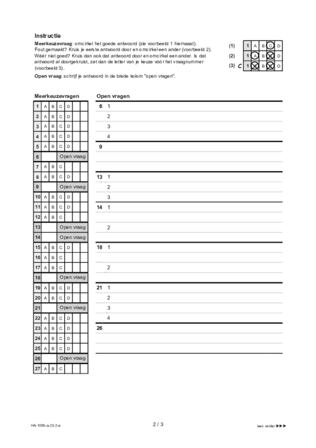 Antwoordblad examen HAVO Spaans 2022, tijdvak 2. Pagina 2