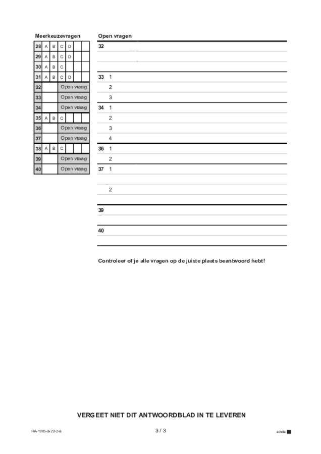 Antwoordblad examen HAVO Spaans 2022, tijdvak 2. Pagina 3