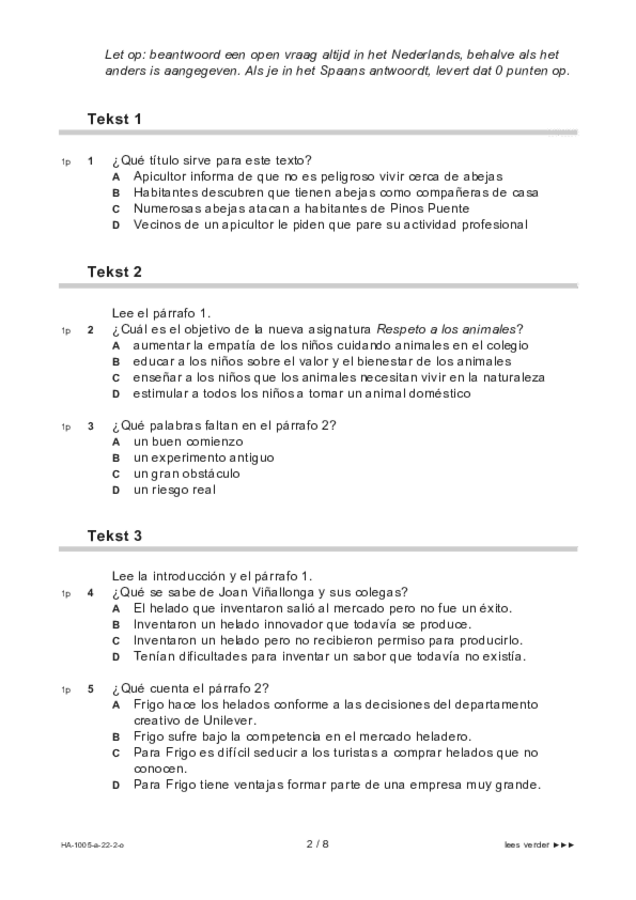 Opgaven examen HAVO Spaans 2022, tijdvak 2. Pagina 2