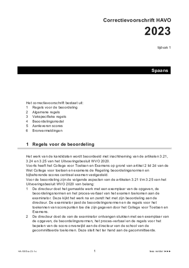 Correctievoorschrift examen HAVO Spaans 2023, tijdvak 1. Pagina 1