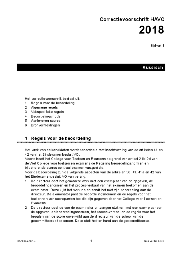 Correctievoorschrift examen HAVO Russisch 2018, tijdvak 1. Pagina 1