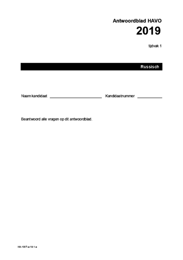 Antwoordblad examen HAVO Russisch 2019, tijdvak 1. Pagina 1