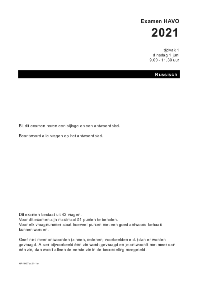 Opgaven examen HAVO Russisch 2021, tijdvak 1. Pagina 1