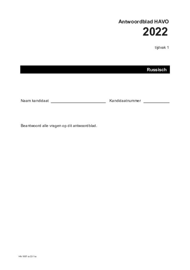 Antwoordblad examen HAVO Russisch 2022, tijdvak 1. Pagina 1