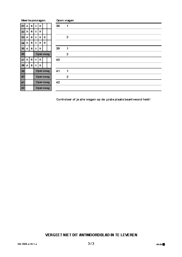 Antwoordblad examen HAVO Turks 2018, tijdvak 1. Pagina 3
