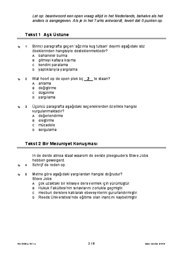 Opgaven examen HAVO Turks 2018, tijdvak 1. Pagina 2