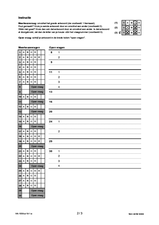 Antwoordblad examen HAVO Turks 2019, tijdvak 1. Pagina 2