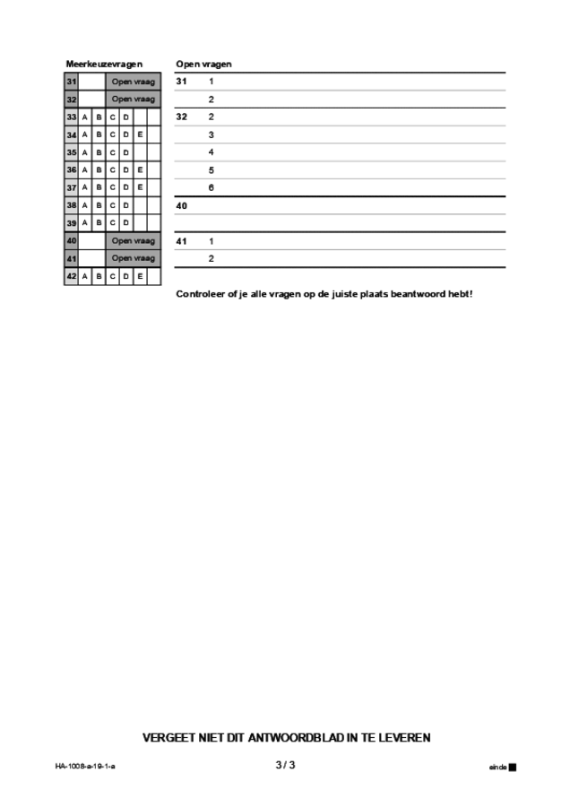 Antwoordblad examen HAVO Turks 2019, tijdvak 1. Pagina 3