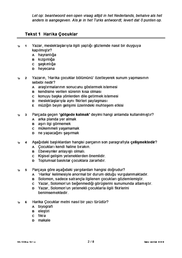 Opgaven examen HAVO Turks 2019, tijdvak 1. Pagina 2