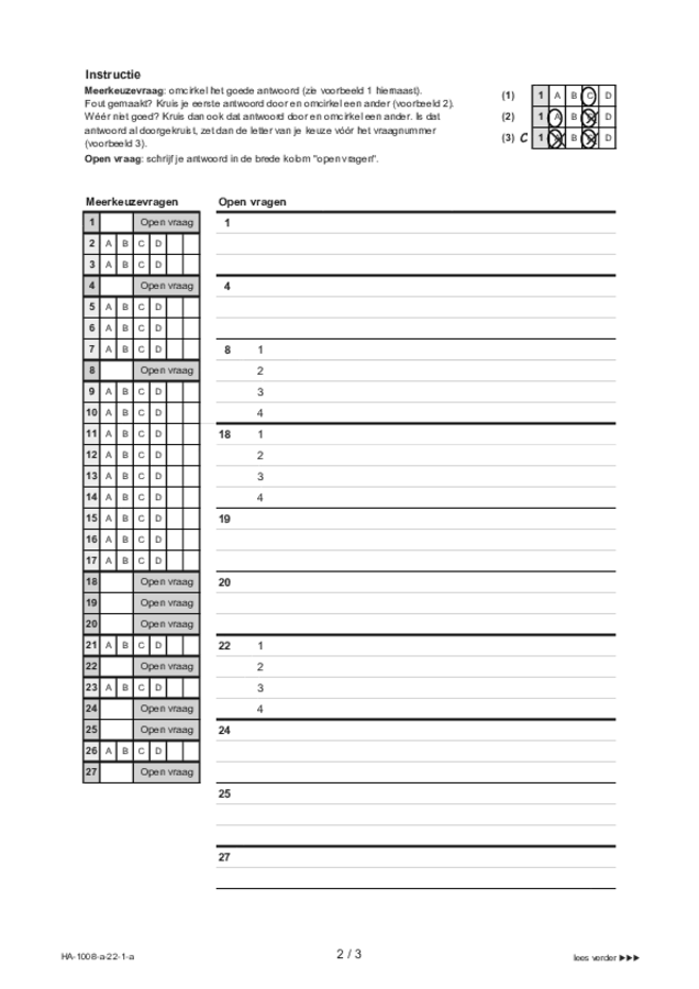 Antwoordblad examen HAVO Turks 2022, tijdvak 1. Pagina 2