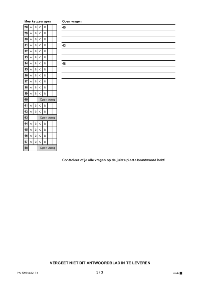 Antwoordblad examen HAVO Turks 2022, tijdvak 1. Pagina 3