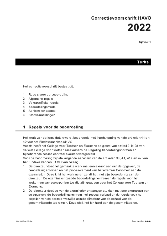 Correctievoorschrift examen HAVO Turks 2022, tijdvak 1. Pagina 1