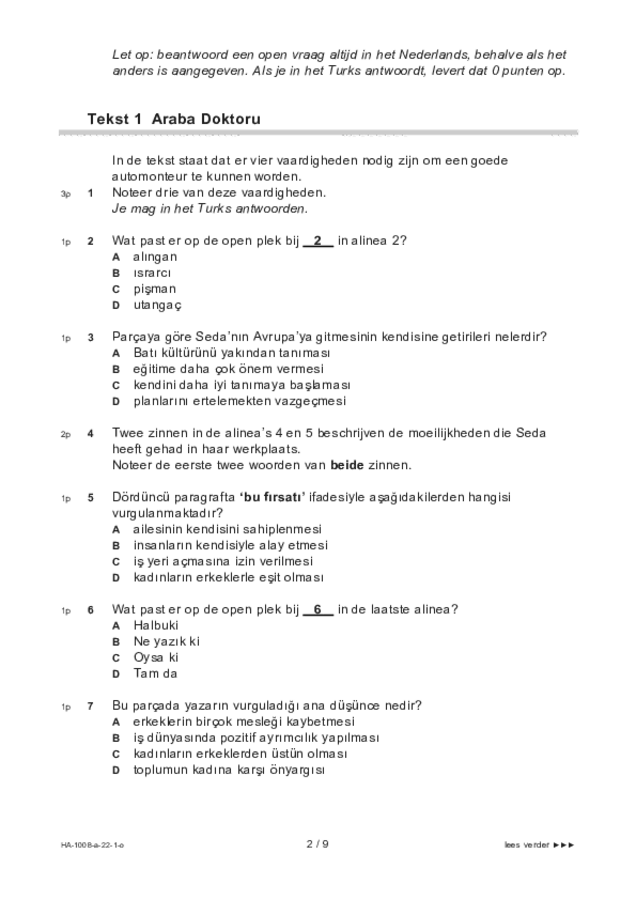 Opgaven examen HAVO Turks 2022, tijdvak 1. Pagina 2