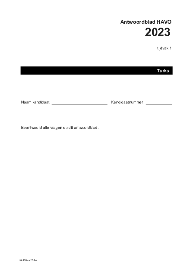 Antwoordblad examen HAVO Turks 2023, tijdvak 1. Pagina 1