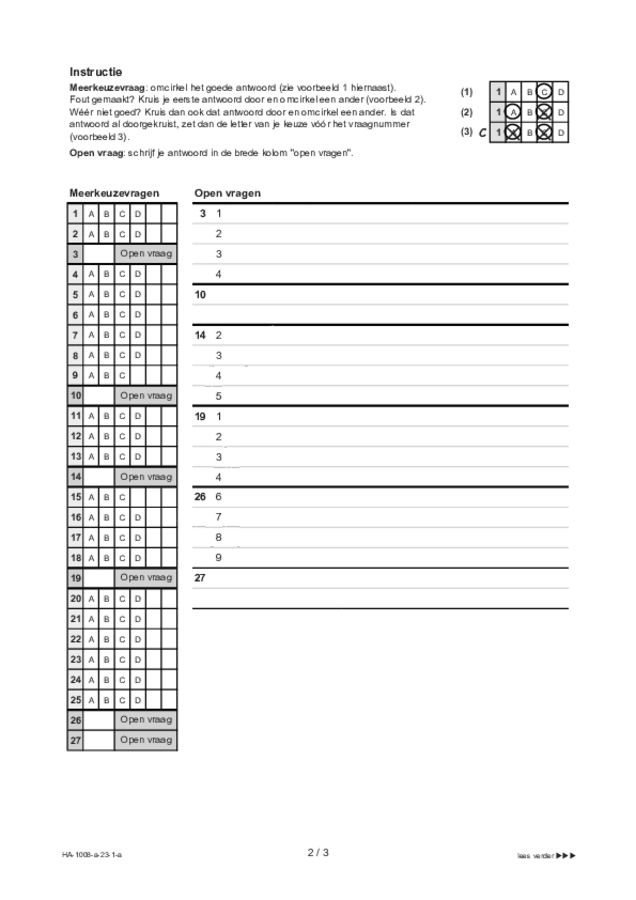 Antwoordblad examen HAVO Turks 2023, tijdvak 1. Pagina 2