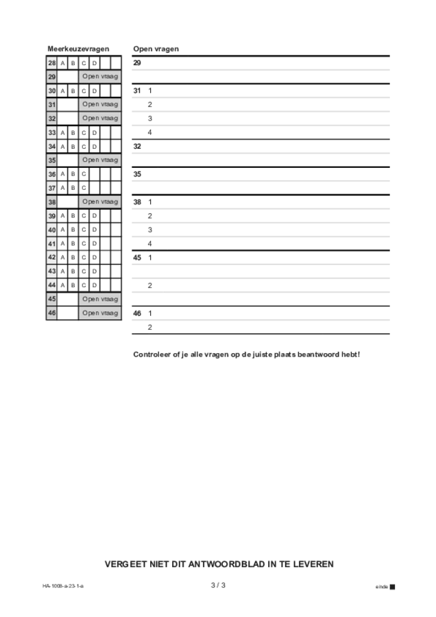 Antwoordblad examen HAVO Turks 2023, tijdvak 1. Pagina 3