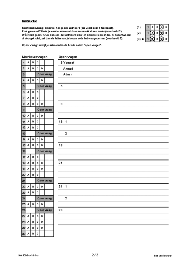 Antwoordblad examen HAVO Arabisch 2018, tijdvak 1. Pagina 2