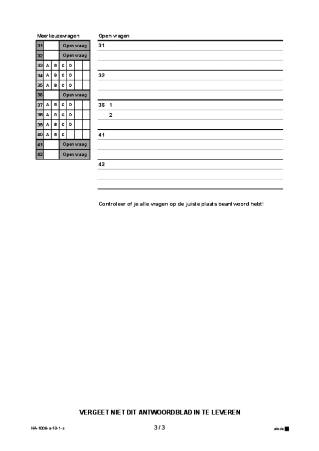 Antwoordblad examen HAVO Arabisch 2018, tijdvak 1. Pagina 3