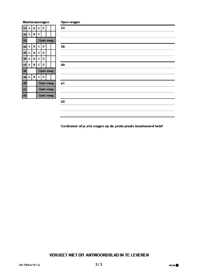 Antwoordblad examen HAVO Arabisch 2019, tijdvak 1. Pagina 3