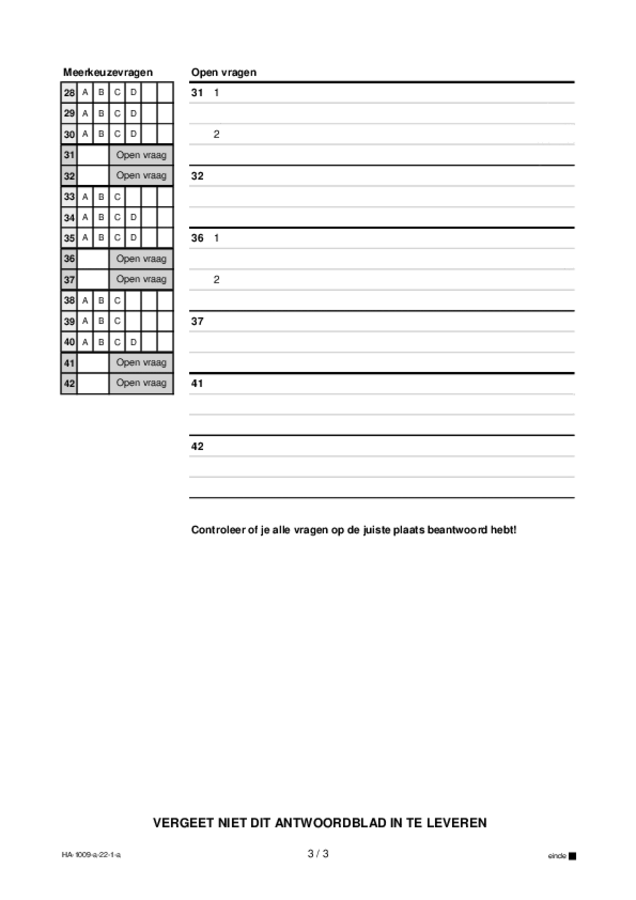 Antwoordblad examen HAVO Arabisch 2022, tijdvak 1. Pagina 3