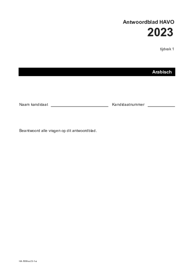 Antwoordblad examen HAVO Arabisch 2023, tijdvak 1. Pagina 1