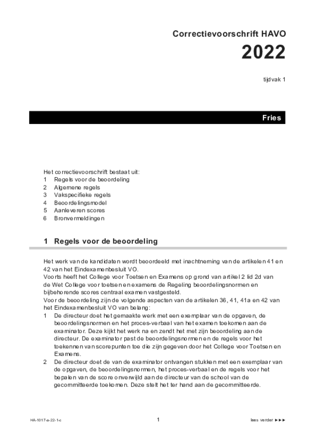 Correctievoorschrift examen HAVO Fries 2022, tijdvak 1. Pagina 1