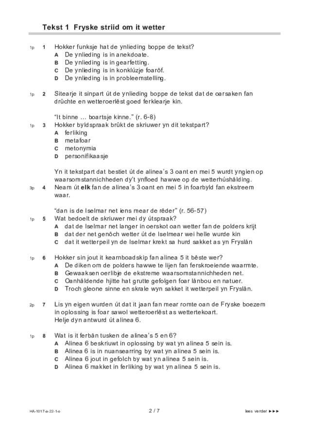 Opgaven examen HAVO Fries 2022, tijdvak 1. Pagina 2